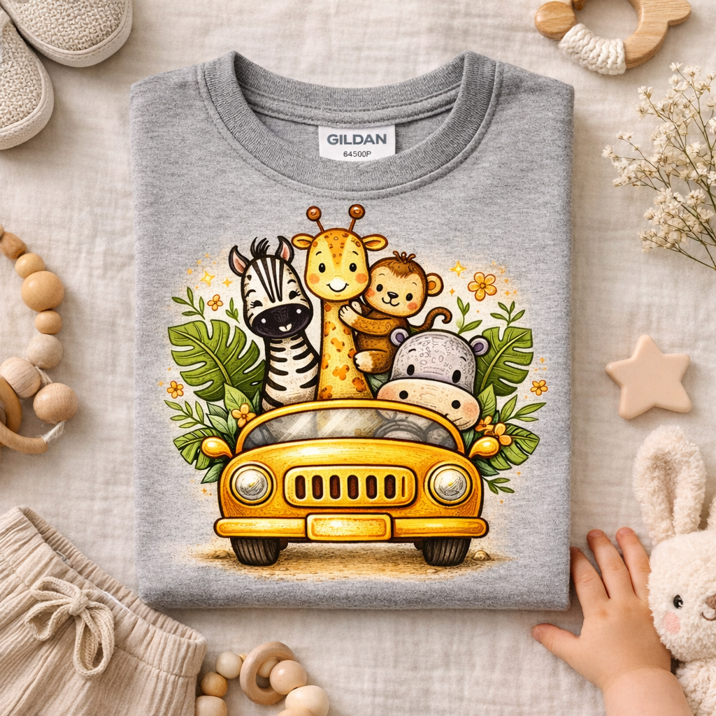 Safari Animal Jeep Toddler T-Shirt | Cute Jungle Friends Kids Tee | Gildan 64500P Soft Toddler Shirt | Boy Girl Outfit Gift