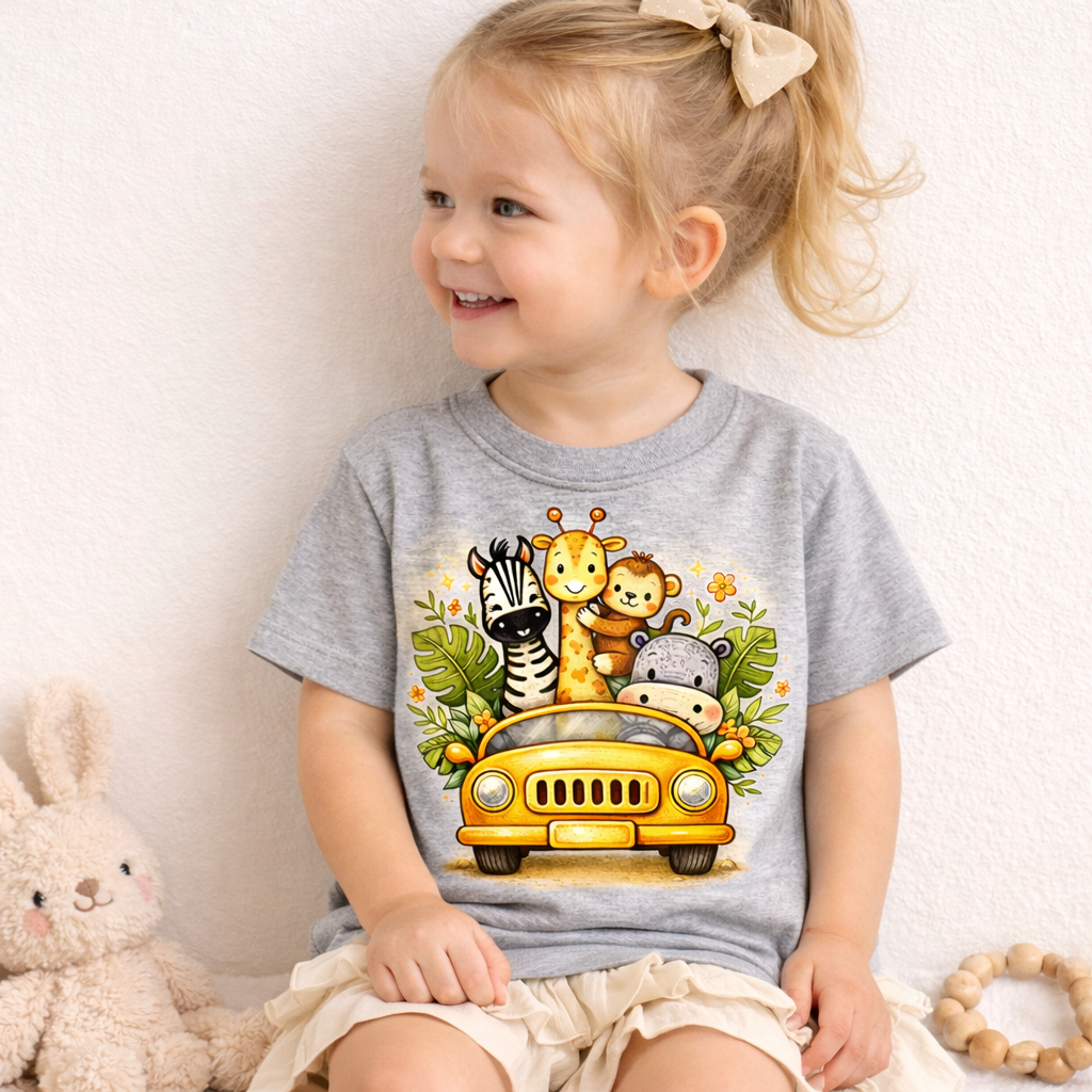 Safari Animal Jeep Toddler T-Shirt | Cute Jungle Friends Kids Tee | Gildan 64500P Soft Toddler Shirt | Boy Girl Outfit Gift