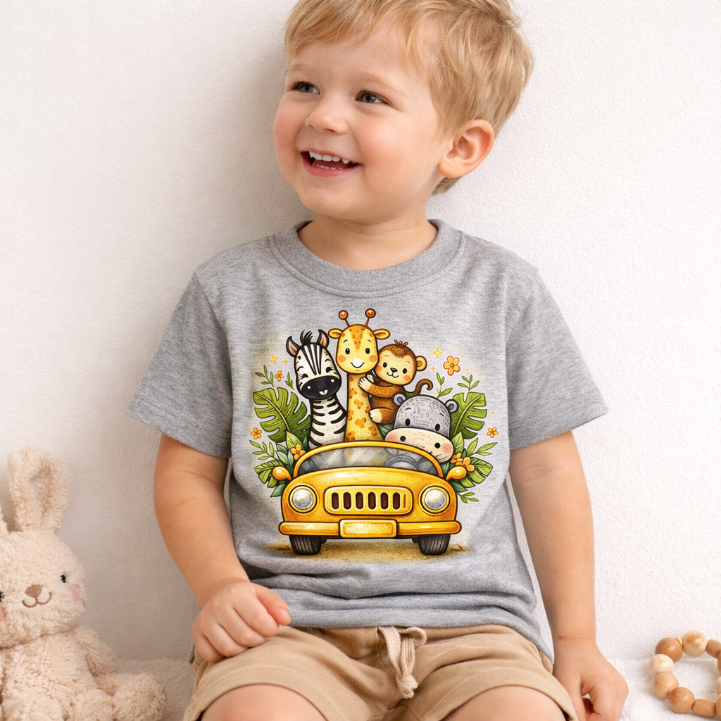 Safari Animal Jeep Toddler T-Shirt | Cute Jungle Friends Kids Tee | Gildan 64500P Soft Toddler Shirt | Boy Girl Outfit Gift
